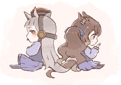 Rule 34 | 2girls, absurdres, animal ears, brown hair, chibi, closed mouth, commentary request, crossed arms, ear ornament, from side, gold ship (umamusume), grey hair, highres, horse ears, horse girl, horse tail, izu lemon, long hair, multiple girls, on ground, pillbox hat, purple eyes, purple serafuku, purple shirt, purple skirt, purple thighhighs, school uniform, serafuku, shirt, simple background, skirt, tail, tail wrap, thighhighs, tongue, tongue out, tosen jordan (umamusume), tracen school uniform, twintails, umamusume, white background, winter uniform
