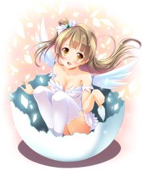 Rule 34 | 10s, 1girl, :d, bare shoulders, bashen chen yue, blush, breasts, brown eyes, brown hair, cleavage, collarbone, dress, eggshell, eyebrows, female focus, floating hair, full body, glint, happy, highres, holding, long hair, looking at viewer, love live!, love live! school idol project, medium breasts, minami kotori, open mouth, ribbon, shadow, side ponytail, sitting, smile, solo, thighhighs, white dress, white thighhighs, white wings, wings, yagami-all hail nanao, yellow eyes