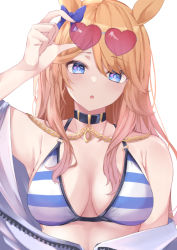 Rule 34 | 1girl, animal ears, arm up, bare shoulders, bikini, black choker, blonde hair, blue bow, blue eyes, bow, breasts, chain, choker, commentary request, eyewear on head, gold city (umamusume), hair bow, heart, heart-shaped eyewear, highres, hojiro same, horse ears, jacket, large breasts, long hair, looking at viewer, off shoulder, parted lips, partial commentary, simple background, solo, striped bikini, striped clothes, sunglasses, swimsuit, umamusume, upper body, white background