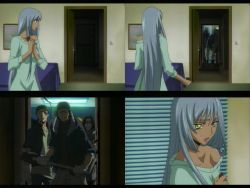 Rule 34 | 00s, 1girl, 3boys, anime screenshot, beanie, bed, code geass, collage, dark skin, dress, evil grin, evil smile, glasses, grin, hammer, hat, lips, lipstick, long hair, makeup, multiple boys, naked sweater, off shoulder, open mouth, own hands clasped, own hands together, screencap, shirt slip, silver hair, smile, sweat, sweater, very long hair, villetta nu, yellow eyes, you gonna get raped