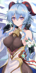 Rule 34 | 1girl, ahoge, atoshi, bare shoulders, bell, black gloves, black legwear, blue hair, bow, breasts, chinese knot, detached sleeves, flower, flower knot, ganyu (genshin impact), genshin impact, gloves, gold trim, highres, holding, holding flower, horns, light smile, long hair, looking at viewer, low ponytail, medium breasts, neck bell, purple eyes, qingxin flower, sidelocks, solo, upper body, vision (genshin impact), white flower, white sleeves