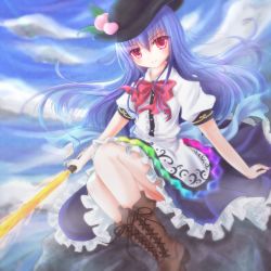 Rule 34 | 1girl, blouse, blue hair, blue sky, boots, bow, cloud, cross-laced footwear, day, female focus, food, fruit, hat, higashimura, highres, hinanawi tenshi, knees up, leaf, light smile, long hair, looking at viewer, peach, puffy short sleeves, puffy sleeves, red eyes, rock, shirt, short sleeves, sitting, skirt, sky, solo, sword, sword of hisou, touhou, weapon, wind