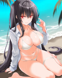 Rule 34 | 1girl, azur lane, beach, bikini, black hair, breasts, closed mouth, day, engo (aquawatery), hand up, highres, large breasts, long hair, navel, one side up, outdoors, red eyes, shirt, sitting, smile, solo, stomach, swimsuit, taihou (azur lane), taihou (seaside daydreams) (azur lane), thigh strap, thighs, very long hair, wariza, water, white bikini, white shirt