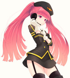 Rule 34 | absurdres, beret, black hat, black jacket, black skirt, black thighhighs, blunt bangs, breasts, brown background, closed mouth, commentary request, garter straps, gloves, hat, headset, highres, jacket, long hair, long sleeves, looking away, pop&#039;n music, red eyes, red hair, simple background, skirt, small breasts, solo, sumire (pop&#039;n music), temari rin, thighhighs, twintails, very long hair, white gloves