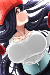Rule 34 | 1girl, absurdly long hair, against glass, beanie, black hair, blue pants, breast press, breasts, breasts on glass, brown eyes, cheek on glass, cheek squash, collarbone, gloves, hair between eyes, hand on glass, hat, izumo fuuko, large breasts, long hair, looking at viewer, open mouth, pants, profile, red beanie, red gloves, red headwear, shirt, thigh gap, undead unluck, very long hair, white background, white shirt, yon senpai