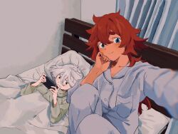 Rule 34 | 2girls, blue eyes, blue pajamas, blue pants, blue shirt, blush, closed mouth, collared shirt, curtains, green shirt, grey eyes, grey hair, gundam, gundam suisei no majo, hair between eyes, hand on own cheek, hand on own face, highres, holding, holding phone, indoors, knees up, long hair, long sleeves, looking at phone, looking at viewer, lying, miorine rembran, multiple girls, on back, on bed, outstretched arm, pajamas, pants, phone, pillow, red hair, shirt, sitting, smile, suletta mercury, taking picture, tanutotomato, under covers