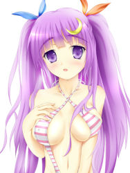 Rule 34 | 1girl, alternate hairstyle, breasts, crescent, crescent hair ornament, female focus, hair ornament, navel, patchouli knowledge, purple eyes, purple hair, solo, swimsuit, touhou, toumin, twintails, two side up, upper body