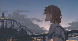 Rule 34 | 1girl, amusement park, backpack, bag, blank stare, blue eyes, bow, brown hair, cloud, evening, fence, hair bow, hair ornament, hairpin, hyxifeng, light frown, medium hair, multiple hairpins, muted color, original, outdoors, parted lips, roller coaster, scenery, school uniform, sky, slouching, solo, three quarter view, tower, tree, twilight, upper body