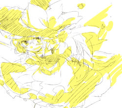 Rule 34 | 1girl, bad id, bad pixiv id, blush, female focus, hat, kirisame marisa, looking at viewer, messy hair, monochrome, open mouth, poprication, smile, solo, touhou, witch hat, yellow theme