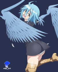 Rule 34 | 1girl, :d, absurdres, ahoge, aqua hair, ass, bird legs, black dress, blue background, blue feathers, blue wings, commentary, cowboy shot, dress, feathered wings, feathers, from side, hair between eyes, hands up, harpy, highres, leg up, looking at viewer, looking back, medium hair, monster girl, monster musume no iru nichijou, nisp art, open mouth, outstretched arms, panties, papi (monster musume), russian commentary, scales, smile, solo, spread arms, talons, thighs, underwear, white panties, winged arms, wings, yellow eyes