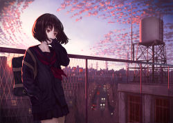 Rule 34 | 1girl, bag, black cardigan, black sailor collar, black serafuku, black skirt, blue sky, brown eyes, brown hair, cardigan, chain-link fence, cityscape, cloud, cloudy sky, collarbone, commentary request, covered mouth, evening, fence, hand in pocket, hand up, kaoming, ladder, long sleeves, neckerchief, original, outdoors, pleated skirt, red neckerchief, rooftop, sailor collar, school bag, school uniform, serafuku, short hair, skirt, sky, sleeves past wrists, solo, water tower