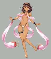 Rule 34 | 1girl, :d, anklet, armlet, bare arms, bare shoulders, barefoot, black neckwear, blunt bangs, blush, bracer, breasts, breasts apart, brown hair, choker, collarbone, copyright request, covered erect nipples, dark-skinned female, dark skin, egyptian clothes, full body, gem, glint, grey background, hair ornament, hairclip, headband, highres, jewelry, knees together feet apart, looking at viewer, medium breasts, nam (valckiry), open mouth, panties, purple eyes, red gemstone, see-through, shawl, short hair, simple background, smile, thigh gap, thigh strap, tsurime, underboob, underwear, white panties