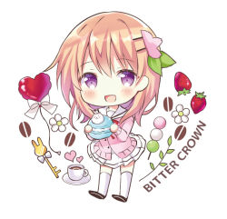 Rule 34 | 1girl, :d, artist name, bitter crown, black footwear, blush, bow, brown hair, cardigan, chibi, coffee, coffee beans, cup, dango, flower, food, fruit, full body, gochuumon wa usagi desu ka?, hair between eyes, hair ornament, hairclip, heart, holding, holding food, hoto cocoa, hoto cocoa&#039;s school uniform, key, long hair, long sleeves, looking at viewer, macaron, neck ribbon, open mouth, pink cardigan, pleated skirt, purple eyes, red ribbon, ribbon, sailor collar, sanshoku dango, saucer, school uniform, shoe soles, shoes, simple background, skirt, smile, solo, strawberry, thighhighs, wagashi, white background, white bow, white flower, white sailor collar, white skirt, white thighhighs