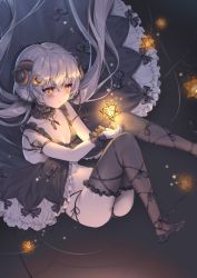 Rule 34 | 1girl, arm ribbon, bare arms, bare shoulders, black dress, black legwear, black panties, blush, breasts, cleavage, collar, collarbone, commentary, crescent, crescent hair ornament, dress, feet out of frame, frilled collar, frills, glowing, hair between eyes, hair ornament, hajin, highres, horns, knees up, low twintails, original, panties, petticoat, red ribbon, ribbon, silver hair, small breasts, solo, symbol-only commentary, twintails, underwear, wrist cuffs, yellow eyes