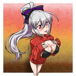 Rule 34 | 1girl, blush, breasts, cleavage, female focus, gradient background, headphones, large breasts, long hair, looking at viewer, meme attire, open-chest sweater, open mouth, original, ponytail, red eyes, ribbed sweater, ribbon, silver hair, smile, solo, sweater, tamashabu (tamasyabu), turtleneck, very long hair, vocaloid, yowane haku