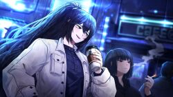 Rule 34 | 1girl, 2boys, black eyes, black hair, black shirt, blue eyes, blue shirt, bob cut, cigarette, coffee cup, collared shirt, cup, disposable cup, dress shirt, game cg, heterochromia, highres, holding, holding cigarette, holding cup, hong lu (project moon), jacket, limbus company, long hair, multiple boys, nai ga, official art, open clothes, open jacket, outdoors, parted lips, ponytail, project moon, red eyes, ryoshu (project moon), shirt, short hair, sidelocks, smoke, smoking, standing, white jacket, wing collar