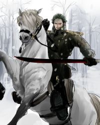 Rule 34 | 1boy, alternate costume, epaulettes, forest, green hair, horse, male focus, military, military uniform, nature, one-eyed, one piece, riding, roronoa zoro, saddle, snow, sword, uniform, weapon