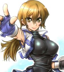 Rule 34 | 1girl, amania orz, breasts, brown eyes, duel academy uniform (yu-gi-oh! gx), fingerless gloves, gloves, gradient background, hair between eyes, impossible clothes, large breasts, long hair, reaching, reaching towards viewer, school uniform, shiny clothes, shirt, sleeveless, sleeveless jacket, sleeveless shirt, smile, solo, tenjouin asuka, vest, yu-gi-oh!, yu-gi-oh! arc-v, yu-gi-oh! gx