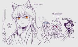 Rule 34 | !?, 4girls, ?, ahoge, animal ears, blake belladonna, blush, breasts, cat ears, chibi, closed eyes, closed mouth, commentary, english commentary, english text, futon, grey eyes, hiru315, holding, holding pillow, long hair, looking at viewer, medium breasts, multiple girls, open mouth, pillow, red eyes, ruby rose, rwby, scar, scar across eye, scar on face, short hair, sleepwear, smile, spoken question mark, standing, sweat, weiss schnee, yang xiao long, yellow eyes