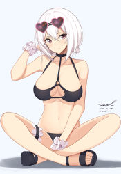 Rule 34 | 1girl, azur lane, bare arms, bare shoulders, between legs, bikini, black bikini, breasts, cleavage, collarbone, dated, eyewear on head, halterneck, halterneck, hand up, heart, heart-shaped eyewear, indian style, large breasts, looking at viewer, navel, pink-framed eyewear, pink eyes, sandals, scrunchie, shadow, short hair, signature, simple background, sirius (azur lane), sirius (scorching-hot seirios) (azur lane), sitting, smile, solo, sunglasses, swimsuit, thigh strap, twitter username, unel, white background, white hair, wrist scrunchie