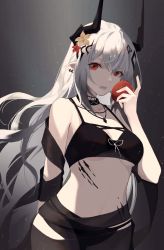 Rule 34 | 1girl, arknights, bare shoulders, bikini, black bikini, black choker, breasts, choker, female focus, flower, food, fruit, grey background, hair flower, hair ornament, hand up, highres, holding, holding food, holding fruit, horns, jewelry, long hair, looking at viewer, material growth, medium breasts, mudrock (arknights), mudrock (silent night) (arknights), necklace, official alternate costume, open mouth, oripathy lesion (arknights), pointy ears, qingjiu, red eyes, silver hair, solo, stomach, swimsuit, upper body, very long hair