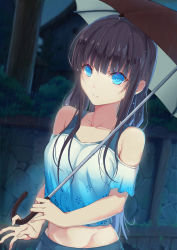 Rule 34 | 1girl, absurdres, bare shoulders, black hair, blue eyes, closed mouth, collarbone, highres, hip focus, holding, holding umbrella, long hair, looking at viewer, midriff, navel, original, outdoors, parted lips, rafael-m, rain, sidelocks, solo, umbrella, upper body