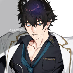 Rule 34 | 1boy, aqua eyes, artist name, black hair, black horns, black shirt, blue necktie, breast pocket, closed mouth, collarbone, collared shirt, commentary, earrings, eriimyon, hair between eyes, highres, horns, jacket, jacket on shoulders, jewelry, lapels, looking at viewer, loose necktie, male focus, multiple earrings, necktie, nijisanji, nijisanji en, pectoral cleavage, pectorals, pocket, pointy ears, ren zotto, shirt, short hair, sidelocks, simple background, smile, smirk, solo, twitter username, upper body, virtual youtuber, white background, white jacket, wing collar