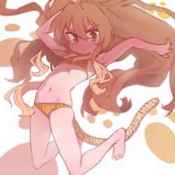 Rule 34 | 1girl, aisaka taiga, animal print, armpits, arms up, bare shoulders, barefoot, bikini, brown eyes, closed mouth, commentary, fake tail, flat chest, flipped hair, floating hair, frown, full body, hair between eyes, halterneck, highres, light blush, light brown hair, long hair, looking at viewer, midair, mixed-language commentary, navel, orenji (wholesomeorenji), paw print, print bikini, sidelocks, simple background, skindentation, solo, swimsuit, tail, tiger print, tiger tail, toradora!, v-shaped eyebrows, very long hair