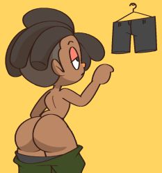 Rule 34 | 1girl, animal crossing, ass, black eyes, black hair, black shorts, clothes hanger, clothes pull, dark skin, from behind, green pants, looking up, nintendo, nude, pants, pants pull, short hair, shorts, standing, vilepluff, villager (animal crossing), yellow background