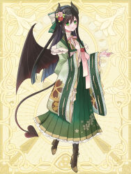 Rule 34 | 1girl, black hair, black wings, blush, bow, chain paradox, charlotte ami, cross-laced footwear, flower, frills, full body, green eyes, green hakama, hair bow, hair flower, hair ornament, hakama, hand up, high heels, highres, horns, japanese clothes, long hair, pink ribbon, ribbon, ribbon-trimmed sleeves, ribbon trim, se00tu, sidelocks, smile, solo, standing, very long hair, wide sleeves, wings, yellow background