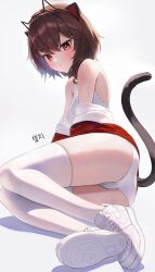 Rule 34 | 1girl, absurdres, animal ears, ass, bare shoulders, bell, brown hair, cat ears, cat girl, cat tail, commission, fake animal ears, hairband, highres, jacket, jingle bell, looking at viewer, minn (kangjm1107), mole, mole on thigh, mole under eye, nike (company), nike air force 1, off shoulder, one-piece swimsuit, original, parted lips, prunechi, red eyes, red jacket, second-party source, shoes, short hair, simple background, sitting, sneakers, solo, swimsuit, tail, tail raised, thighhighs, thighs, wet, white background, white footwear, white one-piece swimsuit, white thighhighs, yokozuwari
