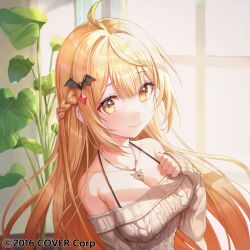 Rule 34 | 1girl, bat hair ornament, blonde hair, braid, breasts, cleavage, commentary, company name, french braid, hair ornament, hairclip, highres, hololive, jewelry, large breasts, long hair, looking at viewer, misyune, necklace, off-shoulder sweater, off shoulder, official art, plant, smile, sweater, virtual youtuber, yellow eyes, yozora mel