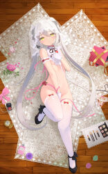 Rule 34 | 1girl, akie (44265104), arm strap, between legs, bib, bottle, bottomless, bow, box, breasts, bridal veil, choker, clothes hanger, collar, flower, frilled collar, frills, full body, gift, gift box, gloves, groin, hand between legs, highres, holding, holding flower, jewelry, long hair, lying, makeup, navel, neck ribbon, nude, on back, on floor, original, panties, parted lips, perfume bottle, petals, pink flower, pink rose, pocket watch, red choker, red flower, red rose, ribbon, ring, ring box, rose, rose petals, small breasts, solo, stomach, thighhighs, twintails, underwear, unworn panties, veil, very long hair, watch, white-haired girl (akie), white flower, white gloves, white hair, white rose, white thighhighs, wooden floor, yellow eyes