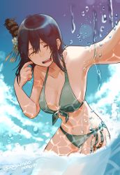 Rule 34 | 1girl, bikini, black hair, breasts, cleavage, closed eyes, cloud, collarbone, day, hair between eyes, hair ornament, headgear, kantai collection, medium breasts, open mouth, outdoors, partially submerged, ribbon, sagamiso, short hair, side-tie bikini bottom, sky, solo, swimsuit, twitter username, water, yamashiro (kancolle)