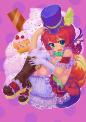 Rule 34 | 1girl, :d, aqua eyes, boots, breasts, cake, cleavage, cream, drill hair, elbow gloves, food, frilled skirt, frills, gloves, hair ornament, hand on headwear, hat, hugging own legs, looking at viewer, medium breasts, open mouth, original, skirt, smile, solo, white gloves, white legwear, zimajiang