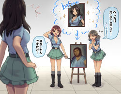 Rule 34 | 3girls, aoshidan school uniform, arm behind head, before and after, belt, black belt, black footwear, blue shirt, blunt ends, breasts, brown hair, closed eyes, collared shirt, commentary, easel, ecce homo, el (girls und panzer), facing away, failure, female focus, flying sweatdrops, from behind, full body, girls und panzer, gradient background, green eyes, green skirt, grey background, grey legwear, hair between eyes, hand on own hip, holding, katakori sugita, kneehighs, large breasts, leaning forward, long hair, looking at viewer, multiple girls, nervous smile, open clothes, open mouth, open shirt, paintbrush, painting (object), parted lips, portrait (object), school uniform, shirt, short hair, short sleeves, skirt, smile, socks, standing, suspenders, sweatdrop, thighs, tile floor, tiles, translated, tristana (girls und panzer), viridiana (girls und panzer)