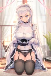 Rule 34 | 1girl, absurdres, artist name, azur lane, belfast (azur lane), black choker, black dress, black garter, black garter belt, black garter straps, black panties, black thighhighs, blue eyes, blush, bow, bow panties, braid, breasts, choker, cleavage, closed mouth, clothes lift, collarbone, commentary request, curtains, day, dress, dress lift, elbow gloves, fallen-leaves, frilled dress, frills, garter belt, garter straps, gloves, groin, highres, indoors, kneeling, large breasts, leotard, leotard under clothes, lifting own clothes, light particles, long hair, looking at viewer, maid headdress, midriff, mop, navel, panties, smile, solo, thighhighs, underwear, very long hair, white bow, white gloves, white hair, white leotard