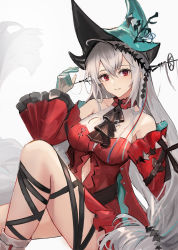 Rule 34 | 1girl, absurdres, arknights, bare shoulders, black ribbon, blue headwear, clothing cutout, commentary request, dress, ema (kuguiema), grey background, hair between eyes, hand up, highres, knee up, leg ribbon, long hair, long sleeves, looking at viewer, navel cutout, official alternate costume, red dress, red eyes, ribbon, short dress, silver hair, sitting, skadi (arknights), skadi the corrupting heart (arknights), solo, thighs, very long hair, wide sleeves