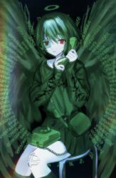 Rule 34 | 1girl, bag, corded phone, eyepiece, gauze, green theme, halo, hankyuma, highres, holding, holding phone, long sleeves, looking at viewer, original, parted lips, phone, red eyes, scouter, short hair, shoulder bag, sitting, skirt, solo, spot color, stool, sweater