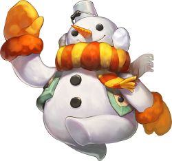 Rule 34 | alternate costume, artist request, black eyes, bucket, bucket on head, carrot, chaos online, earmuffs, full body, mittens, no humans, object on head, official art, running, scarf, smile, snowman, solo, stonecold (chaos online), transparent background, winter