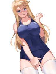 Rule 34 | 1girl, absurdres, blue eyes, blue one-piece swimsuit, breasts, brown hair, female masturbation, highres, idolmaster, idolmaster million live!, idolmaster million live! theater days, large breasts, long hair, looking down, masturbation, one-piece swimsuit, open mouth, school swimsuit, simple background, solo, swept bangs, swimsuit, thighhighs, tokoro megumi, tomid, white background, white thighhighs