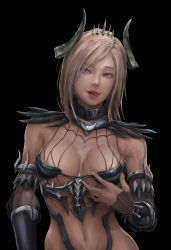 Rule 34 | 1girl, absurdres, bad id, bad pixiv id, black background, blonde hair, blue eyes, bracer, breasts, character request, highres, horns, licking lips, lips, looking at viewer, mabinogi, mabinogi heroes, medium breasts, naughty face, navel, realistic, revealing clothes, shoowarke, short hair, simple background, solo, teeth, tiara, tongue, tongue out, upper body