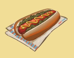 Rule 34 | absurdres, bread, food, food focus, highres, hot dog, hot dog bun, mustard, napkin, no humans, original, potatomochii, relish (food), sausage, simple background, yellow background