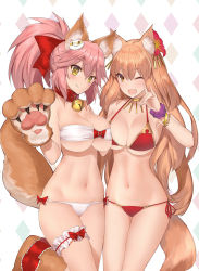 Rule 34 | 10s, 2girls, animal ear fluff, animal ears, animal hands, bare shoulders, bikini, blush, bow, bracelet, breast press, breasts, brown hair, cat hair ornament, cat paws, choker, cleavage, collar, commentary request, eyebrows, fang, fang out, fate/extra, fate/extra ccc, fate/extra ccc fox tail, fate/grand order, fate (series), flower, fox ears, fox shadow puppet, fox tail, hair bow, hair flower, hair ornament, hand up, highres, hip focus, jewelry, large breasts, long hair, looking at viewer, multiple girls, navel, one eye closed, open mouth, paw shoes, pink hair, ponytail, red bikini, side-tie bikini bottom, sidelocks, simple background, smile, strapless, strapless bikini, suzuka gozen (fate), swimsuit, symmetrical docking, tail, tamamo (fate), tamamo cat (fate), tamamo no mae (fate/extra), thigh strap, white background, white bikini, yaman, yellow eyes