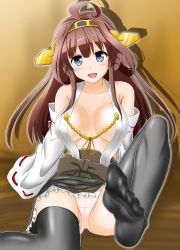 Rule 34 | 1girl, ahoge, bare shoulders, black legwear, blue eyes, blush, breasts, brown hair, covered erect nipples, feet, foot focus, hair ornament, hairband, highres, kantai collection, kongou (kancolle), large breasts, leg up, long hair, looking at viewer, no shoes, open mouth, panties, pantyshot, pov, sitting, smile, soles, solo, underwear