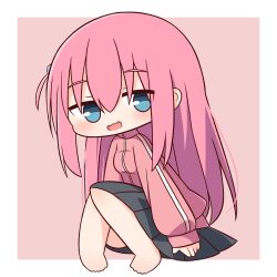 Rule 34 | 1girl, ass, barefoot, black skirt, blue eyes, blush, bocchi the rock!, breasts, cube hair ornament, full body, gotoh hitori, hair between eyes, hair ornament, hana kazari, highres, jacket, long hair, long sleeves, looking at viewer, one side up, open mouth, pink hair, pink jacket, pleated skirt, skirt, small breasts, solo, track jacket, two-tone background