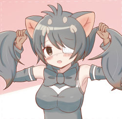 Rule 34 | 1girl, :d, animal ears, australian devil (kemono friends), bare shoulders, black bow, black bowtie, black hair, black shirt, black sleeves, blush, bow, bowtie, brown eyes, brown gloves, brown hair, commentary request, dotted line, eyepatch, fang, gloves, gradient hair, highres, holding, holding own hair, kemono friends, long hair, long sleeves, looking at viewer, low twintails, medical eyepatch, multicolored hair, open mouth, pink background, shirt, sleeveless, sleeveless shirt, smile, solo, sunanuko (ramuneko), twintails, two-tone background, upper body, very long hair, white background