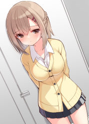 Rule 34 | 1girl, arms behind back, black skirt, blush, braid, breasts, brown eyes, brown hair, cardigan, childhood friend (ominaeshi), closed mouth, collarbone, collared shirt, commentary request, dress shirt, hair between eyes, hair ornament, hairclip, highres, looking at viewer, medium breasts, ominaeshi (takenoko), original, pleated skirt, school uniform, shirt, skirt, solo, white shirt, yellow cardigan