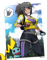 Rule 34 | 10s, 1girl, abs, baseball cap, belt, blue eyes, breasts, brown hair, cellphone, choker, cleavage, cloud, commentary request, creatures (company), female protagonist (pokemon go), fingerless gloves, game freak, gen 1 pokemon, gloves, hat, ikeshita moyuko, leg hold, nintendo, open mouth, phone, pikachu, poke ball, pokemon, pokemon (creature), pokemon go, ponytail, red eyes, shaded face, shirt, sidelocks, sky, smartphone, squirtle, strapless, sweat, tail, teeth, tight clothes, tight shirt, tree, tube top, twitter username, yellow shirt, yoga