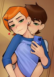 Rule 34 | 1boy, 1girl, ben 10, ben tennyson, breasts, brown hair, cellphone, closed mouth, clothes lift, cousins, ear piercing, grabbing, grabbing another&#039;s breast, grabbing from behind, green eyes, green hair, gwen tennyson, hair ornament, hairclip, highres, holding, holding phone, hug, hug from behind, incest, lips, loodncrood, looking at viewer, phone, piercing, raglan sleeves, shirt lift, short hair, small breasts, smartphone, upper body